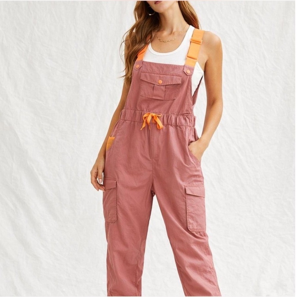Free People Movement Morning Meadow Overalls Small Pink Orange Cargo Gorpcore - Picture 4 of 11